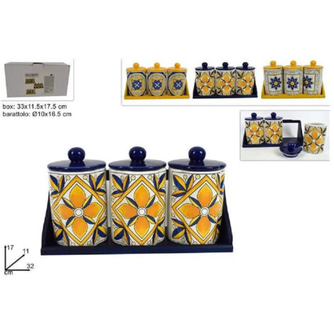 TRADE SHOP - Tris Barattoli Set 3 Pz Barattoli Con Supporto Ceramica Decoro Fantasia Maiolica -