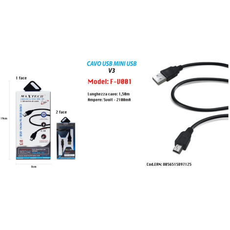 Trade Shop - USB-LADEDATENKABEL AUF MINI USB/V3 1,5 MT 2100MA FÜR MP3 MP4 PS MAXTECH F-V001 -