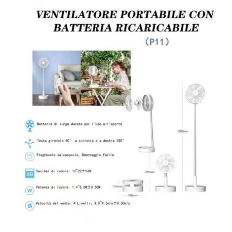 TRADE SHOP - Ventilatore Pieghevole Portatile Batteria Ricaricabile P11 Salvaspazio 4 Velocità -