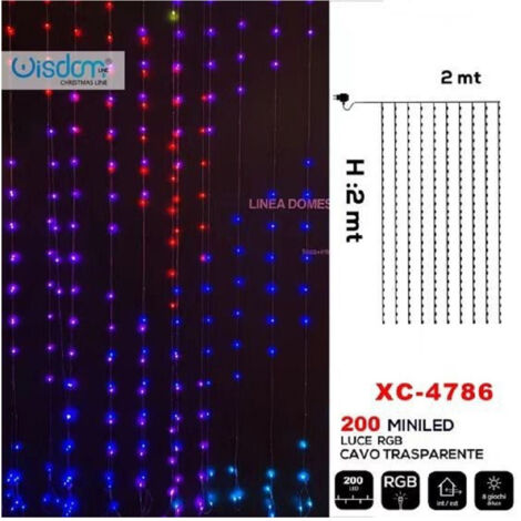 Trade Shop - WEIHNACHTSLICHTVORHANG 200 LED RGB LICHT TRANSPARENTES KABEL 8 LICHTSPIELE XC-4786 -