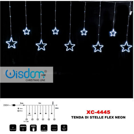 Trade Shop - WEIHNACHTSLICHTVORHANG MIT NEONSTERNEN, FESTES WEISSES LICHT, 8 LICHTSPIELE XC-4445 -
