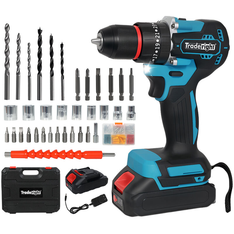 Traderight 96PCS Cordless Brushless Impact Drill Driver Set 2x2.0Ah Battery in Black