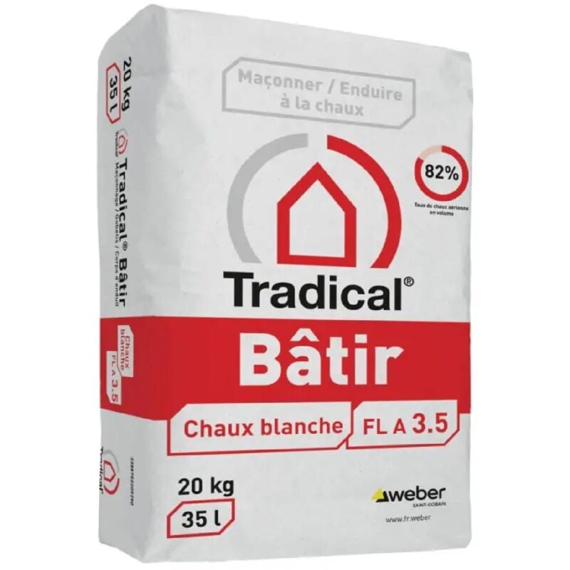 Tradical bâtir pour maçonnerie 20 kg - chaux blanche aérienne pour enduit et maçonnage - Weber