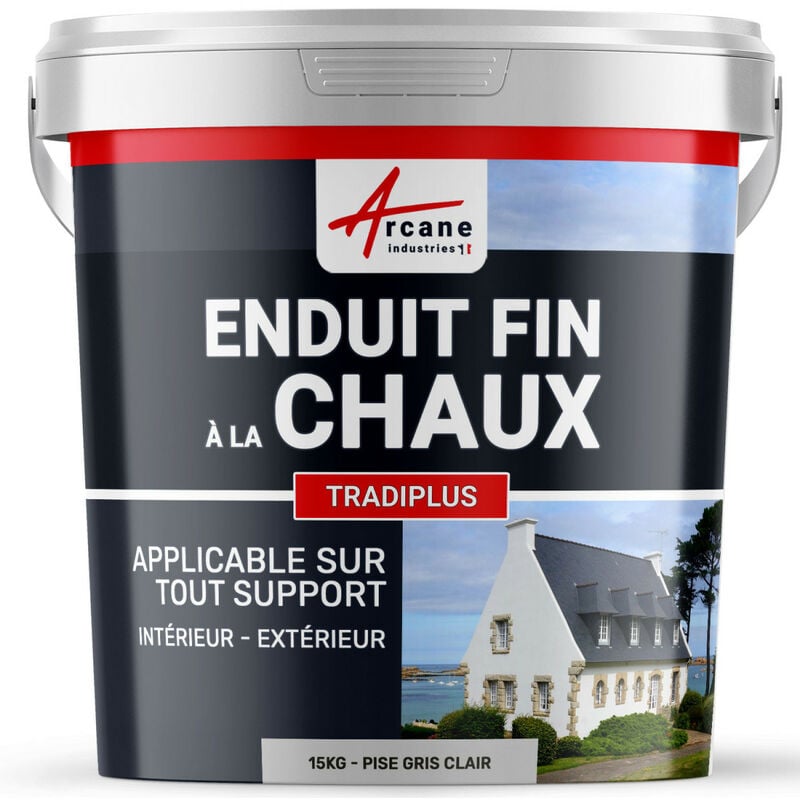 Arcane Industries - Enduit fin à la chaux décoration intérieure extérieur maison tradiplus - 15 kg (jusqu'à 14 m²) Pise Gris Clair