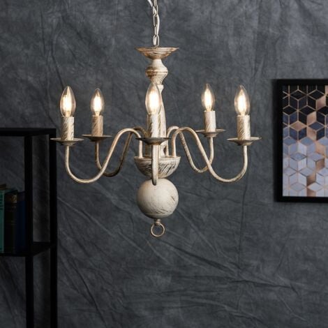 Traditional 5 Way Flemish Style Ceiling Light Chandelier Fitting in a Shabby Chic Distressed White Effect Finish Traditional 5 Way Flemish Style Ceiling Light Chandelier Fitting in a Shabby Chic Distressed White Effect Finish