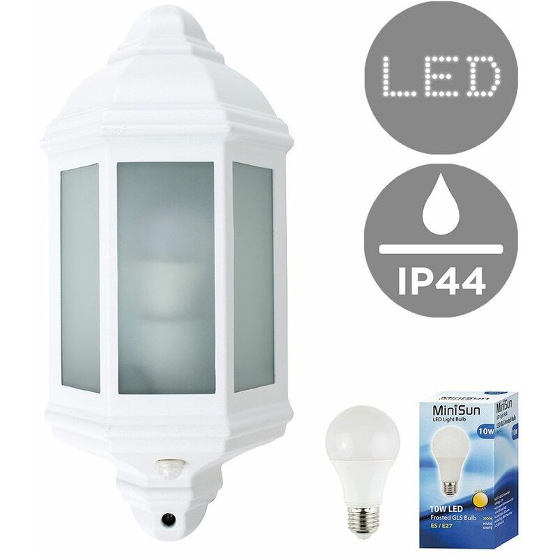Traditional Aluminium & Frosted Glass Panel Outdoor Garden Wall Mounted Lantern IP44 Light with PIR Motion Sensor + 10W LED GLS Bulb - Warm White