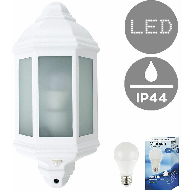 Traditional Aluminium & Frosted Glass Panel Outdoor Garden Wall Mounted Lantern IP44 Light with PIR Motion Sensor + 10W LED GLS Bulb - Cool White