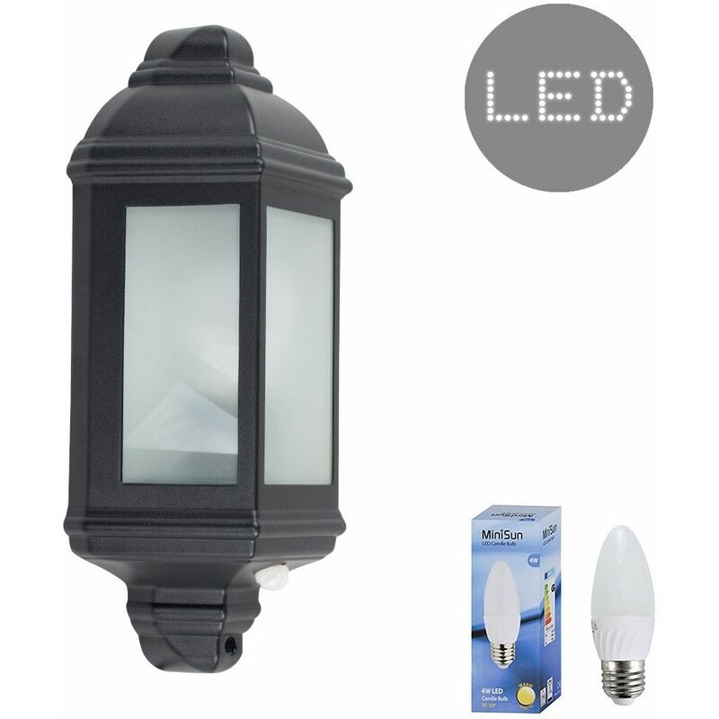 Traditional Aluminium PIR Motion Sensor Outdoor Garden Wall Lantern IP44 Light + 4W LED Candle Bulb - Warm White