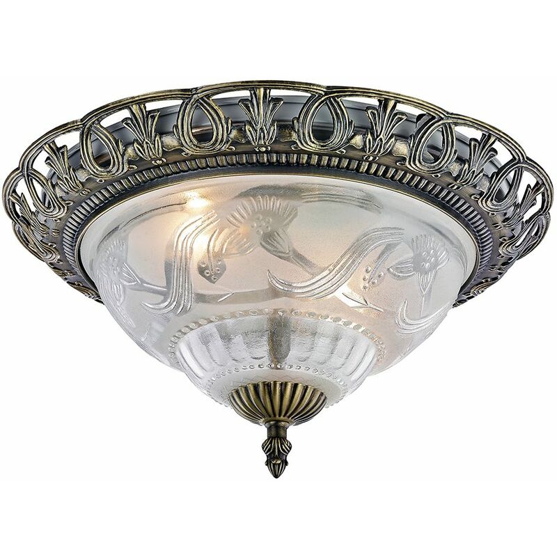 Traditional and Classic Antique Brass and Floral Glass Flush Ceiling Light by Happy Homewares