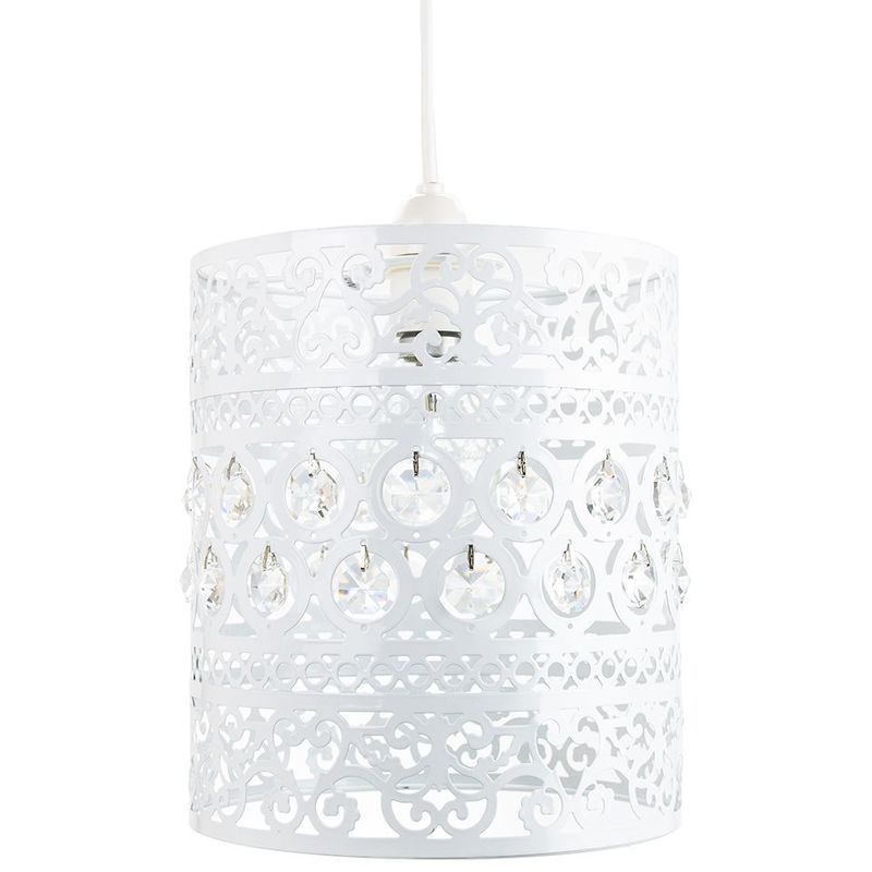 Traditional and Ornate White Easy Fit Pendant Shade with Clear Acrylic Droplets by Happy Homewares