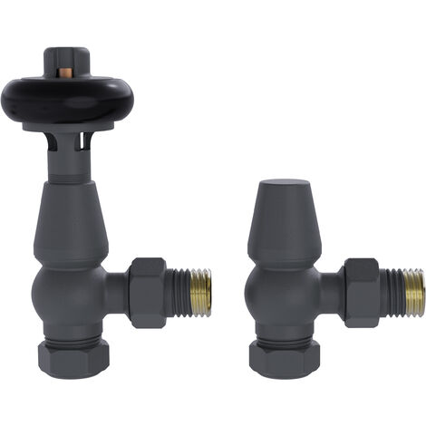 Traditional Antique Design TRV Thermostatic Brass Angled Radiator Valves Pair Anthracite