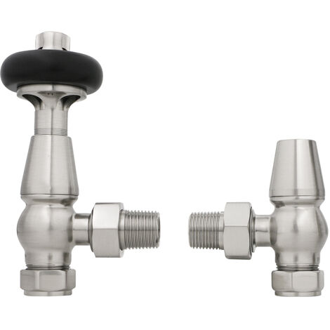 Traditional Antique Design TRV Thermostatic Brass Angled Radiator Valves Pair Satin Nickel