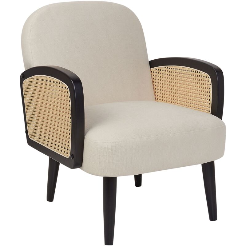 Traditional Armchair Polyester Wooden Frame with Rattan Braid Wooden Legs Light Beige with Black Dvenberg