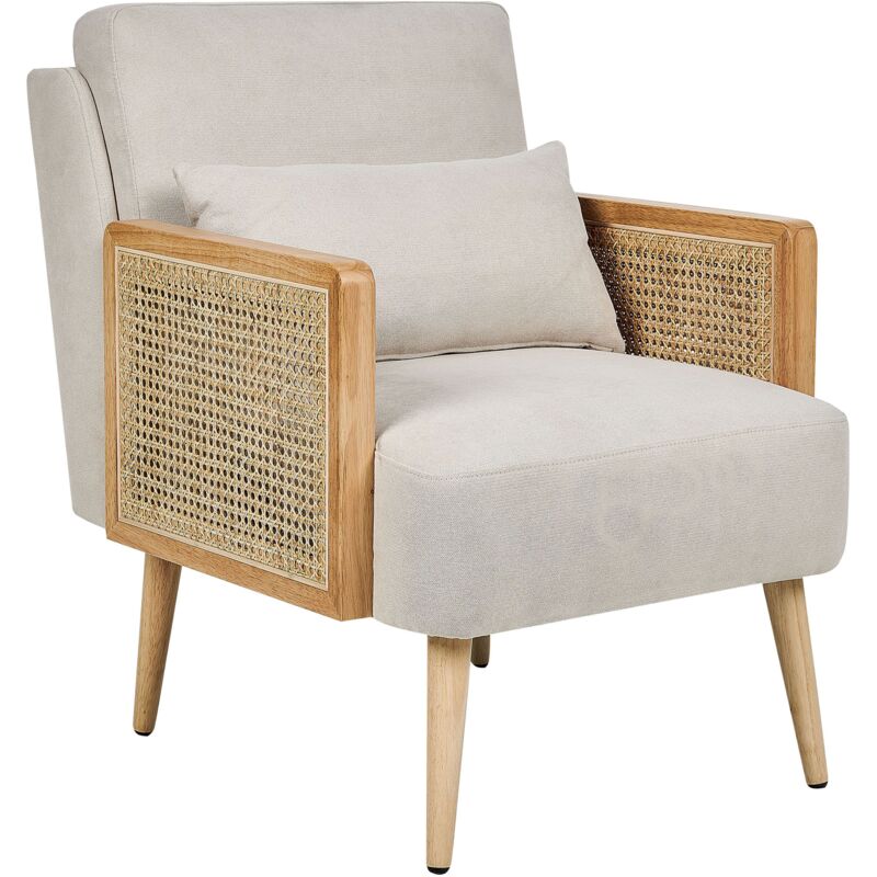 Traditional Armchair Polyester Wooden Frame with Rattan Braid Wooden Legs Plastic Leg Caps with Cushion Light Beige Orum