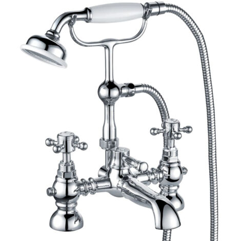 Traditional Bathroom Bath Shower Mixer Tap and Kit - Crosshead Handles - Chrome
