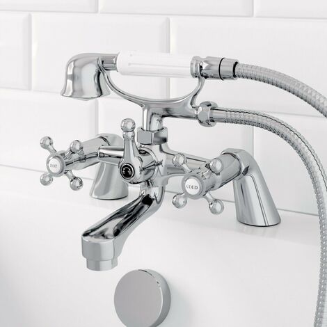 main image of "Traditional Bathroom Bath Shower Mixer Tap Brass Cross Head Handset Hose Chrome"