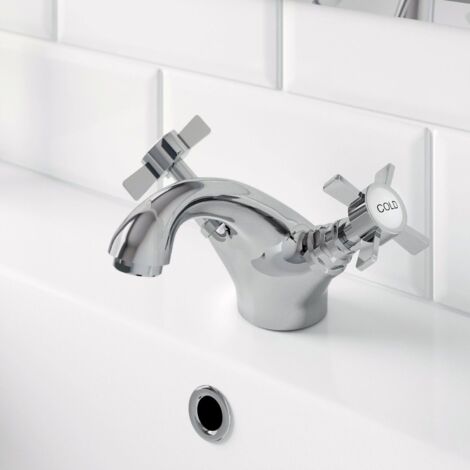 Traditional Bathroom Mono Basin Sink Mixer Tap Brass Chrome Crosshead Handles