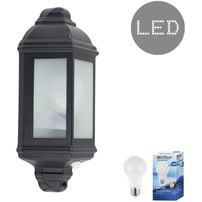 Traditional Black Aluminium Pir Motion Sensor Outdoor Wall Ip44 Light 6w Led Es E27 Bulb