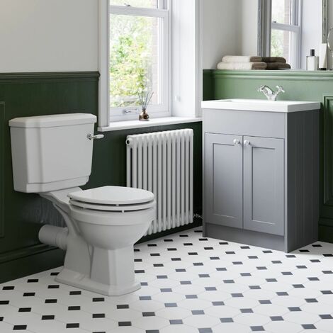 Traditional Cloakroom Suite Close Coupled Toilet WC Grey Vanity Unit Bathroom