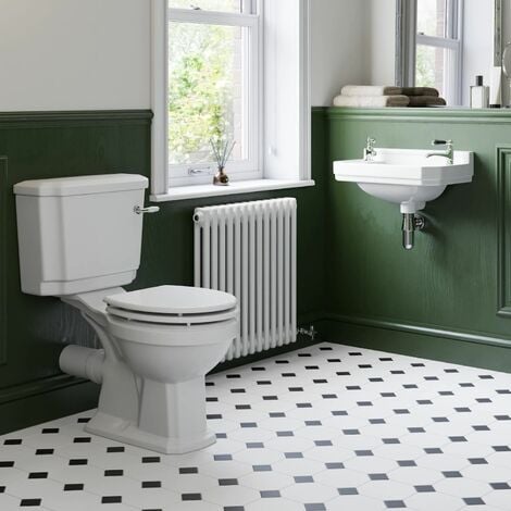 Traditional Cloakroom Suite Close Coupled Toilet WC Wall Hung 2 Tap Hole Basin