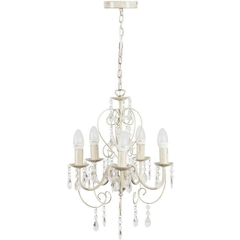 Minisun - Cream 5 Way Chandelier + Acrylic Jewels 5 x 4W LED SES E14 Frosted Glass Candle Bulbs