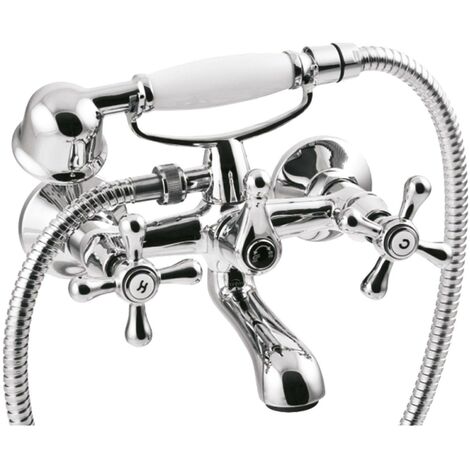Traditional Cross Head Wall Mounted Bath Filler Mixer Shower Chrome Plated Brass