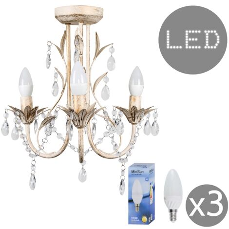 Traditional Distressed White 3 Way Ceiling Light Chandelier X 4w Ses E14 Led Candle Bulbs