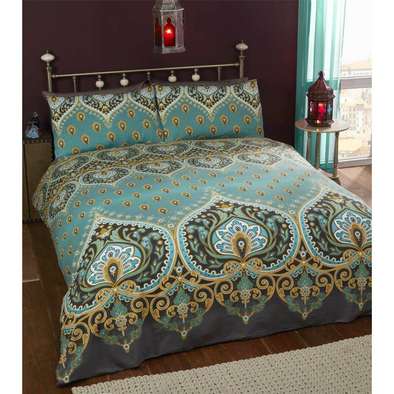 Rapport Home - Traditional Ethnic King Duvet Quilt Cover & 2 Pillowcase Bedding Bed Set Teal - Multicoloured