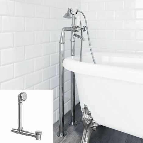 main image of "Traditional Freestanding Bath Bathroom Cross Shower Mixer Tap Chrome and Waste"
