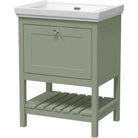 Traditional Furniture Floor Standing 1 Drawer Vanity & 0 Tap Hole Fireclay Basin, 600mm, Fern Green