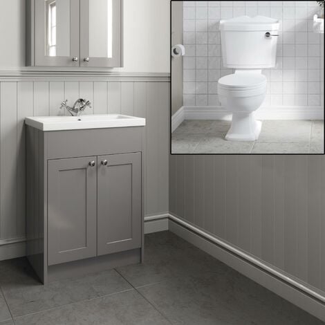 Traditional Grey Bathroom Basin Sink Vanity Unit 600mm Close Coupled Toilet