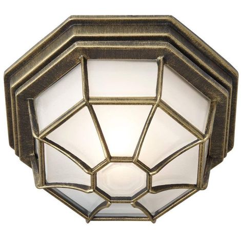 Traditional Hexagonal Black Gold Die Cast Aluminium Flush Ceiling Porch Light By Happy Homewares