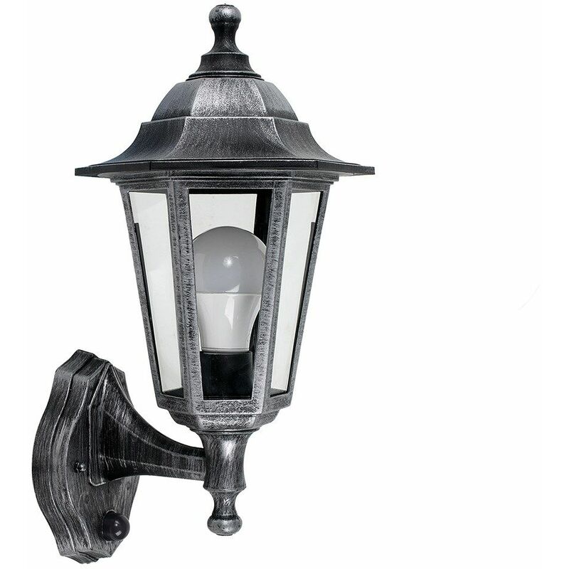 Traditional Outdoor Garden Security IP44 Rated Wall Light Lantern - Integrated PIR Motion Sensor + 6W LED ES E27 Bulb - Black & Silver