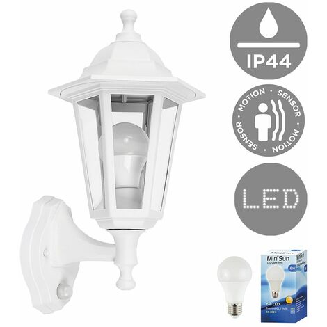 VALUELIGHTS Traditional Outdoor Garden Security IP44 Rated Wall Light Lantern - Integrated PIR Motion Sensor + 6W LED ES E27 Bulb - White