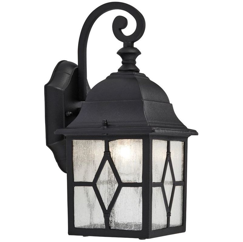 Traditional Outdoor Matt Black Wall Lantern Light with Cathedral Lead Glass by Happy Homewares