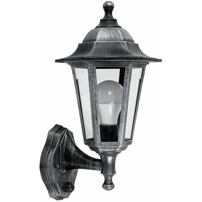Traditional Outdoor Security PIR Motion Sensor IP44 Rated Wall Light Lantern - Black & Silver