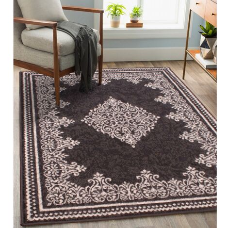 Traditional Poly Bordered Medallion Classic Dark Grey Rug Floor Mat Small 80 x 150 cm (2'6"x5'0")