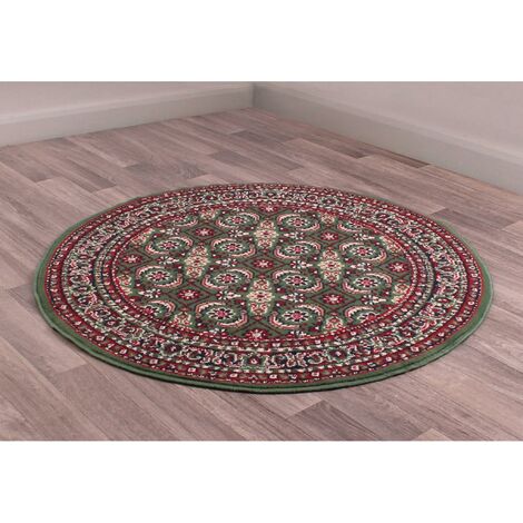 Traditional Poly Esta Bordered Classical Floral Green Rug Floor Mat Carpet Circle 120 x 120 cm (4x4') Round