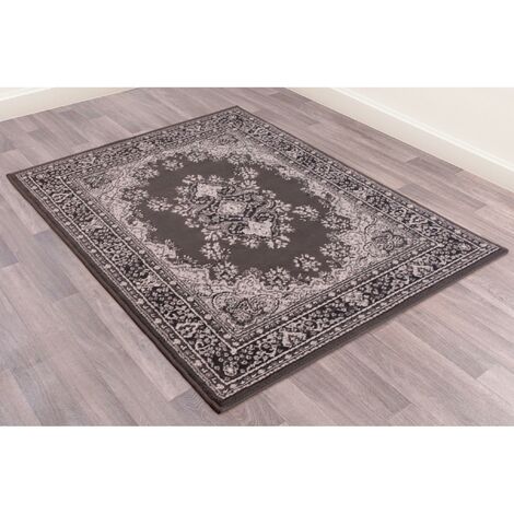 Traditional Poly Lancashire Oriental Rug Dark Grey Large Carpet 160 x 230 cm (5'3"x7'7")