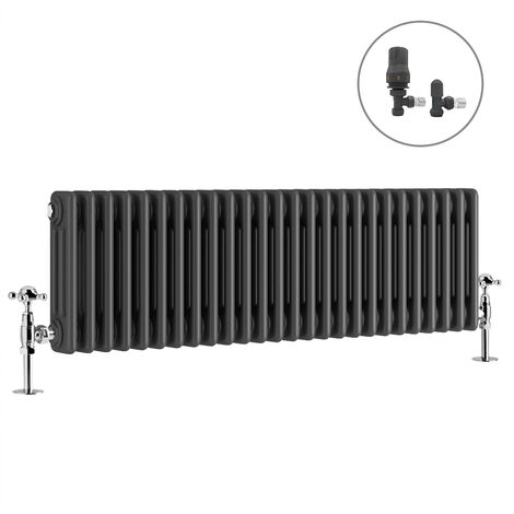 Traditional Radiator Anthracite Cast Iron Style Rads with Angled Thermostatic Valves Horizontal 3 Column 300x1192mm