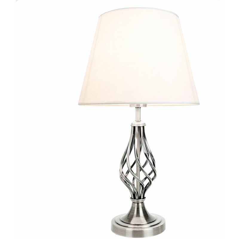 Traditional Satin Nickel Table Lamp with Barley Twist Base and Linen Shade by Happy Homewares
