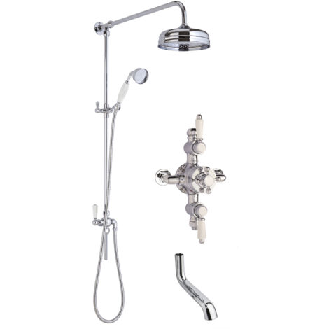 Traditional Shower Triple Exposed Valve with Rigid Riser Shower & Bath Spout Set - Chrome/White - Balterley