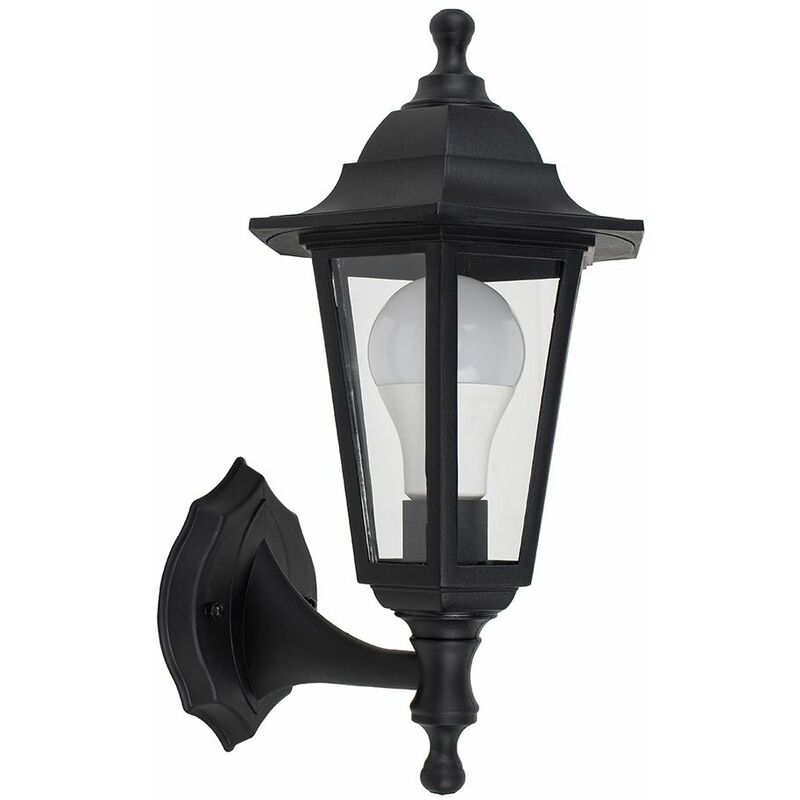 Black Outdoor Security IP44 Rated Wall Light With 15W LED GLS Bulb - Cool White LED Bulb