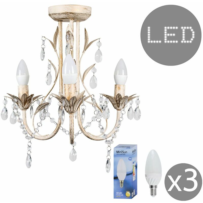 3 Way Chandelier with Acrylic Jewel Beads - Distressed Gold - Including LED Bulb