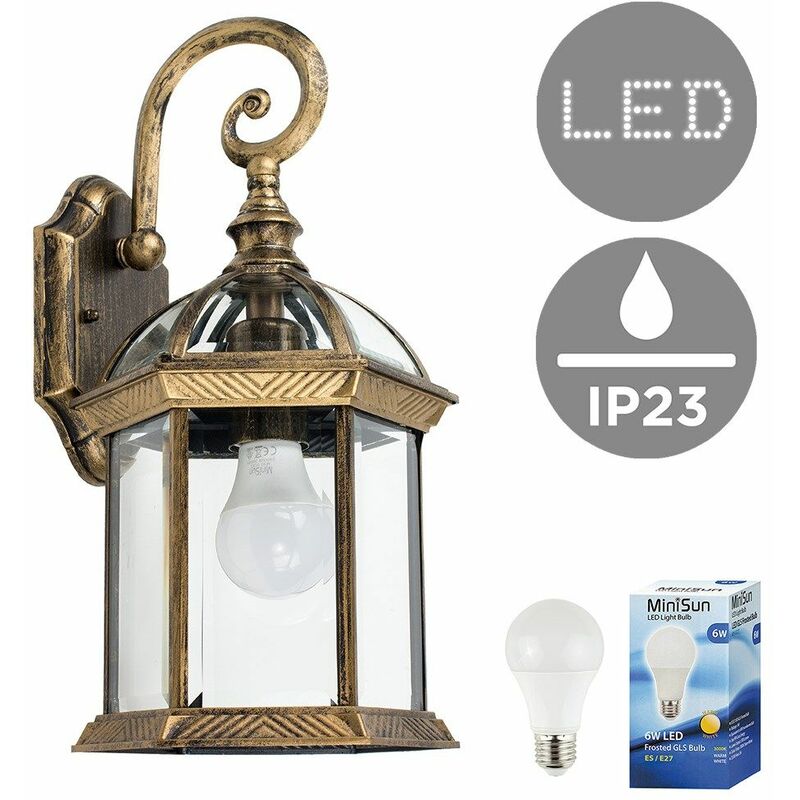 IP23 Brushed Gold Hanging Outdoor Wall Light - Add LED Bulb