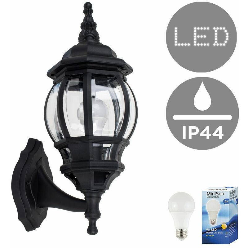IP44 Black & Clear Outdoor Security Wall Light + 6W LED GLS Bulb - Warm White