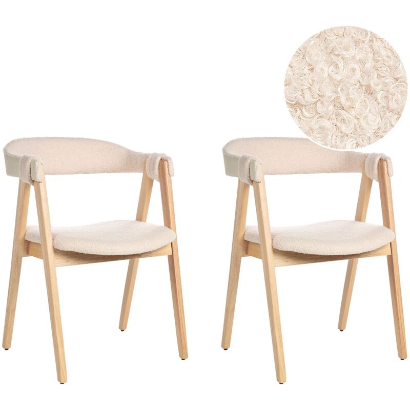 Beliani - Traditional Style Set Of 2 Dining Chairs Upholstered Seat Boucle Light Wood And Beige Day