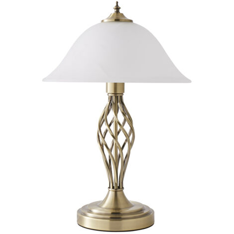 Traditional Table Lamps Barley Twist Bedside Lights With Glass Shade - Antique Brass - Including LED Bulb