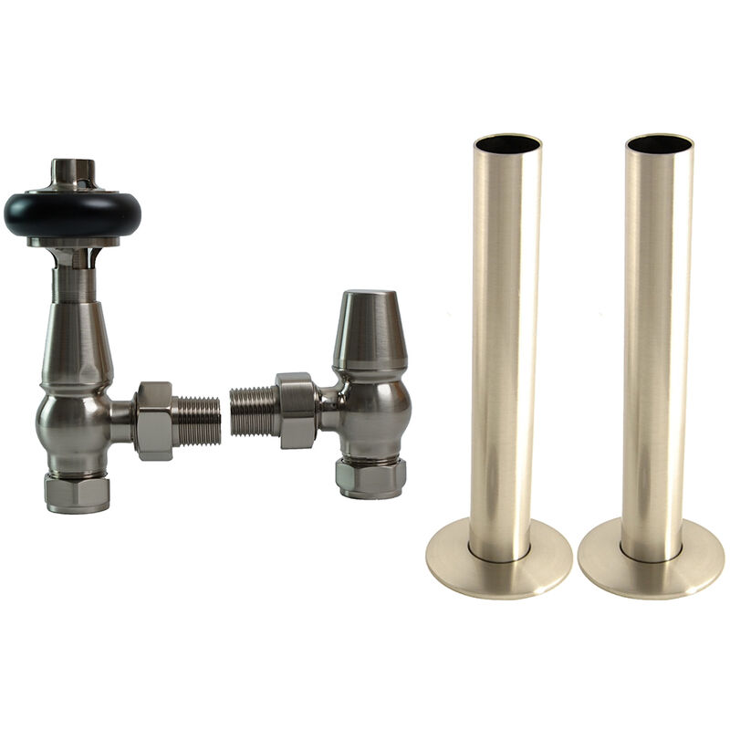 NRG - Traditional Thermostatic trv Angled Radiator Valves Pipes Collars Satin Nickel