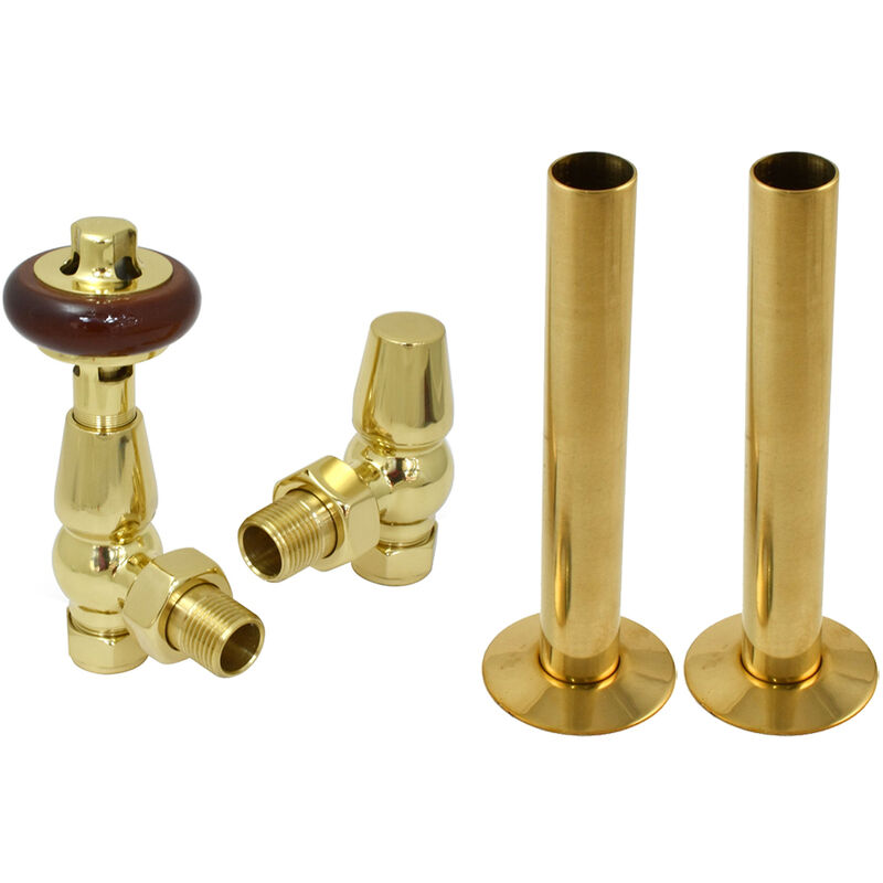 NRG - Traditional Thermostatic trv Angled Radiator Valves Pipes Collars Polished Brass